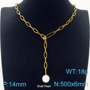 50cm Gold Color Stainless Steel Shell Pearl Bead Pendant Square Link Chain Necklace - KN236240-Z