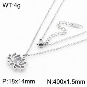 Lightweight Silver Stainless Steel Necklace With Gemstone Lotus Pendant Necklace For Women Adjustable Size - KN237376-KLX