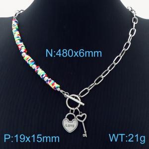 Stainless steel fashionable and minimalist color beaded connection O-chain, heart shaped key pendant silver necklace - KN237590-NJ