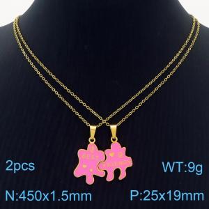 Stainless Steel Gold Color Pink Saw Puzzle Pendant Cuban Link Chain Couple Necklaces - KN237601-SS