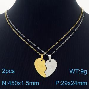 Stainless Steel Gold Silver Color Heart Pendant Cuban Link Chain Couple Necklaces - KN237603-SS