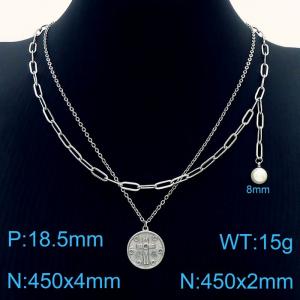 Stainless Steel Silver Color Cross In Circle Pearl Pendant Double Chain Necklaces For Women - KN237692-Z