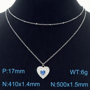 Stainless Steel Necklace Double Link Chain With Light Blue Stone Heart Pendant Silver Color - KN238416-Z