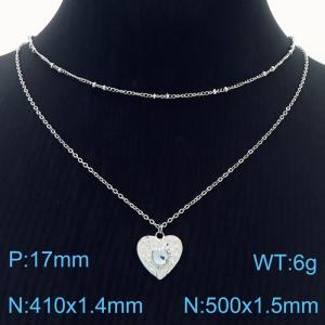 Stainless Steel Necklace Double Link Chain With White Stone Heart Pendant Silver Color - KN238418-Z