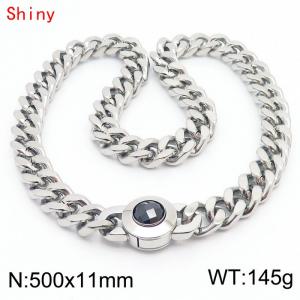 50cm personalized trendy titanium steel polished Cuban chain silver necklace with black crystal snap closure - KN238457-Z