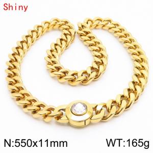 55cm personalized trendy titanium steel polished Cuban chain gold necklace with white crystal snap closure - KN238479-Z