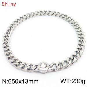 Punk Length Mens High Quality Stainless Steel Necklace for Men Curb Cuban Link Chain White Stone Clasp 650×13mm Collar Choker - KN238509-Z