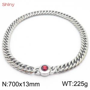 700×13mm Punk Stainless Steel Cuban Chain Necklace for Men Silver Color Solid Metal Red Stone Clasp Collar Choker - KN238565-Z
