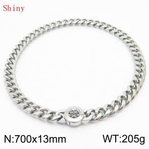 Fashionable and personalized stainless steel 700 × 13mm Cuban Chain Polished Round Buckle Inlaid Skull Head Charm Silver Necklace - KN238776-Z