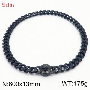 Fashionable and personalized stainless steel 600 × 13mm Cuban Chain Polished Round Buckle Inlaid Skull Head Charm Black Necklace - KN238788-Z