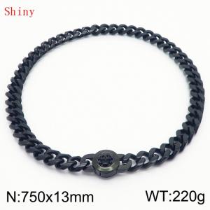 Fashionable and personalized stainless steel 750 × 13mm Cuban Chain Polished Round Buckle Inlaid Skull Head Charm Black Necklace - KN238791-Z