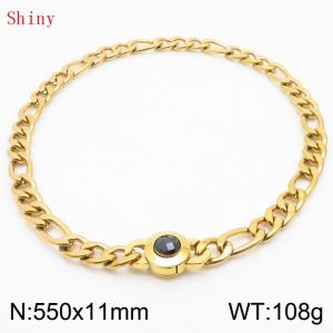 550×11mm Men's Round Link Stainless Steel Necklace Gold Color Waterproof Tone Punk NK Cuban Chain Black Stone Clasp Collar Choker Boy Male - KN238899-Z