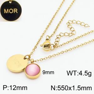 Coins With Pink Cat's Eye MOR Simplicity Jewelry Women Stainless Steel Necklace Gold Color - KN239021-KFC