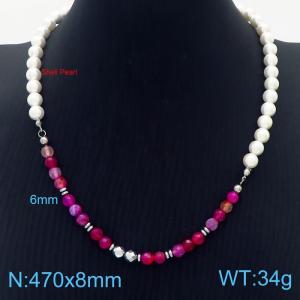 490mm Women Shell Pearls&Stainless Steel&Pink Stone Beads Necklace - KN249875-ZC
