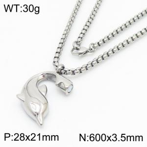 600mm Unisex Stainless Steel Box Chain Necklace with Magnetic Dolphin Pendant - KN250155-Z