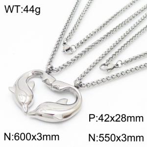 Romantic Stainless Steel Jewelry Set with Double Braid Chain Necklaces&Paired Magnetic Dolphins Pendant - KN250295-Z