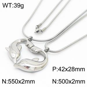 Romantic Stainless Steel Jewelry Set with Double Round Chain Necklaces&Paired Magnetic Dolphins Pendant - KN250298-Z
