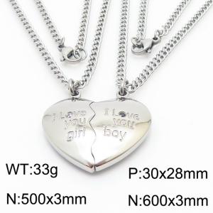Romantic Stainless Steel Jewelry Set with Double Cuban Chain Necklaces&Whole Love Heart Pendant - KN250307-Z