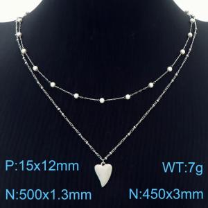 European and American fashion stainless steel two-layer mixed bead chain hanging heart shaped pendant versatile silver necklace - KN250388-Z