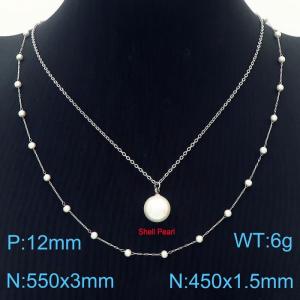 European and American fashion stainless steel two-layer mixed chain hanging pearl pendant versatile silver necklace - KN250389-Z