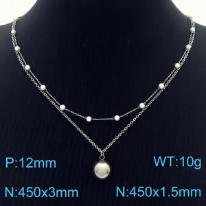 European and American fashion stainless steel two-layer mixed chain hanging steel ball pendant versatile silver necklace - KN250390-Z
