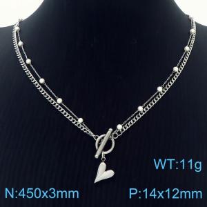 European and American fashion stainless steel two-layer mixed chain OT buckle hanging heart shaped pendant versatile silver necklace - KN250391-Z
