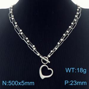 European and American fashion stainless steel three-layer mixed chain OT buckle hanging hollow heart shaped pendant versatile silver necklace - KN250393-Z