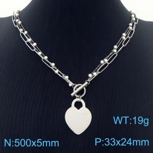 European and American fashion stainless steel three-layer mixed chain OT buckle hanging heart-shaped pendant versatile silver necklace - KN250394-Z