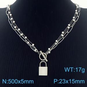 European and American fashion stainless steel three-layer mixed chain OT buckle lock head pendant versatile silver necklace - KN250395-Z