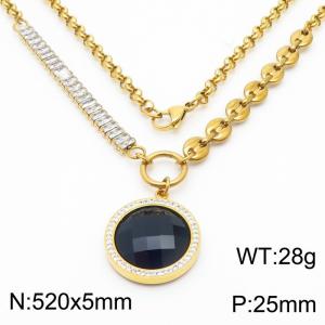 Zircon Stainless Steel Necklace O-Chain With Round Black Pendant Gold Color - KN251182-Z