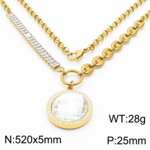 Zircon Stainless Steel Necklace O-Chain With Round White Pendant Gold Color - KN251183-Z