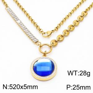 Zircon Stainless Steel Necklace O-Chain With Round Blue Pendant Gold Color - KN251186-Z