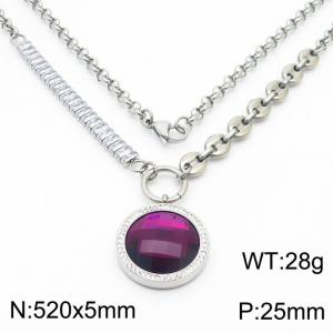 Zircon Stainless Steel Necklace O-Chain With Round Purple Pendant Silver Color - KN251189-Z