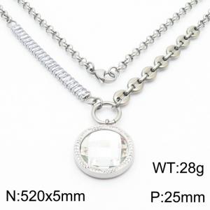 Zircon Stainless Steel Necklace O-Chain With Round White Pendant Silver Color - KN251191-Z