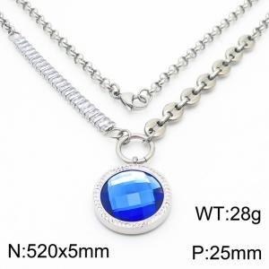 Zircon Stainless Steel Necklace O-Chain With Round Blue Pendant Silver Color - KN251192-Z