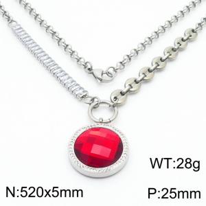 Zircon Stainless Steel Necklace O-Chain With Round Red Pendant Silver Color - KN251193-Z