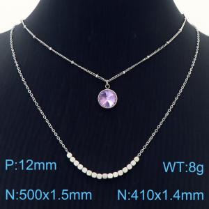 Double Layers Stainless Steel Necklace Link Chain With Purple Stone Pendant Silver Color - KN251213-Z