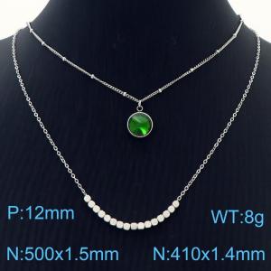 Double Layers Stainless Steel Necklace Link Chain With Green Stone Pendant Silver Color - KN251214-Z