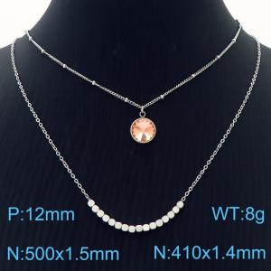 Double Layers Stainless Steel Necklace Link Chain With Orange Stone Pendant Silver Color - KN251216-Z