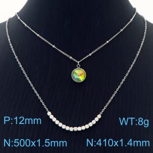 Double Layers Stainless Steel Necklace Link Chain With Green Yellow Stone Pendant Silver Color - KN251218-Z