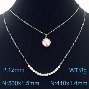 Double Layers Stainless Steel Necklace Link Chain With Pink Stone Pendant Silver Color - KN251219-Z