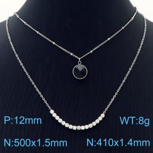 Double Layers Stainless Steel Necklace Link Chain With Black Stone Pendant Silver Color - KN251220-Z