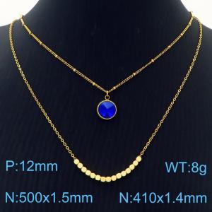 Double Layers Stainless Steel Necklace Link Chain With Dark Blue Stone Pendant Gold Color - KN251228-Z