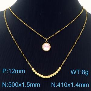 Double Layers Stainless Steel Necklace Link Chain With Pink Stone Pendant Gold Color - KN251229-Z
