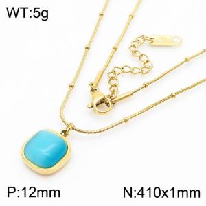 Blue Square Cat's Eye Stone Charm Pendant With 41cm Chain Women Stainless Steel Necklace Gold Color - KN281753-KL