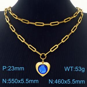 Double Layers Stainless Steel Necklace Link Chain With Blue Zircon Heart  Pendant Gold Color - KN281778-Z