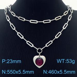 Double Layers Stainless Steel Necklace Link Chain With Red Zircon Heart  Pendant Silver Color - KN281785-Z