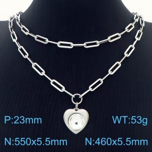 Double Layers Stainless Steel Necklace Link Chain With White Zircon Heart  Pendant Silver Color - KN281787-Z