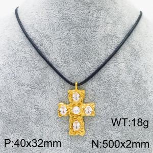 Stainless Steel Wax Cord Hammer Pattern Cross Set with Zircon Necklace - KN281875-WGJD