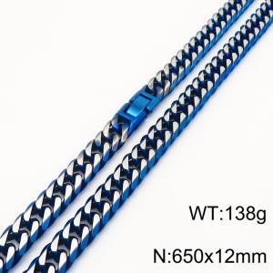 Wholesale Punk Heavy Urban Jewelry Blue Plated Stainless Steel 12mm Cuban Link Chain Necklace For Men's - KN282458-KFC